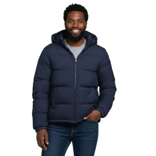 Men's Hooded Puffer Jacket, Navy Blue, Quilted Winter Coat with Full-Zip Closure