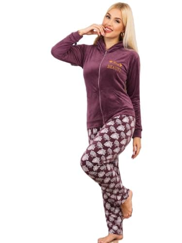 PROJECT Z Women's Winter Velvet Full Zipper Hooded Long Pants Floral Pajama Set – Comfortable and Warm Home Pajama Set for Women – Lorina-3184 – L-2XL – Multicolor