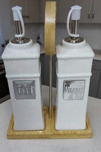 Generic Square Oil and Vinegar Dispenser Set with Wooden Stand, .sew Bottle