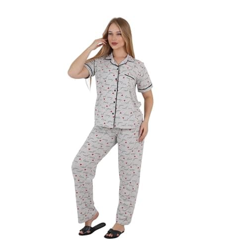 Classic Cotton Pajama Set | 1/2 Sleeve Blouse and Pants with Heart Print | Lightweight & Elegant Sleepwear for Women