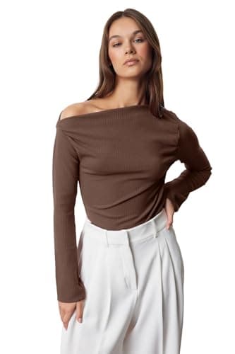 Trendyol Womens Braun Draped Boat Neck Asymmetrical Stretchy Long Sleeve Knitted Blouse Twoaw24bz00393 Blouse (pack of 1) Shirt