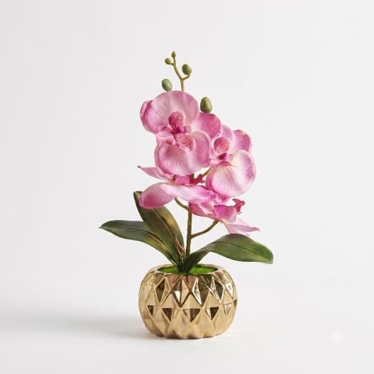 Elegant Rose Flower with Natural Looking Green Leaves in a Gilded Ceramic Vase with Green Base, Luxury Decorative Piece Adds Warm and Attractive Touch to Home and Office.