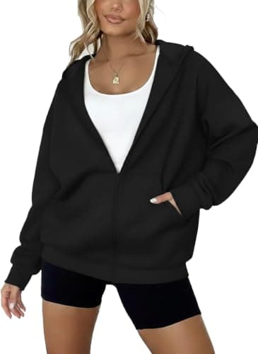 Women's Oversized Zip-Up Hoodie, Black, Long Sleeve, Casual Fleece Sweatshirt with Pockets