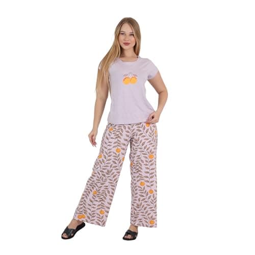 ZECOTEX Women Pajama Set M-3XL | Embroidered Orange Top & Printed Pants | Short Sleeve Cotton Sleepwear Loungewear | Premium Egyptian Homewear | Made in Egypt