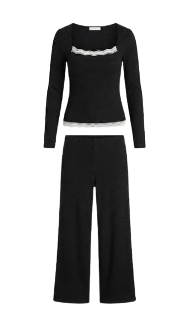Women's 2 Piece Pajama Set – Lace Detail Long Sleeve Top with Comfy Pants | All-Season Home Sleepwear 7647