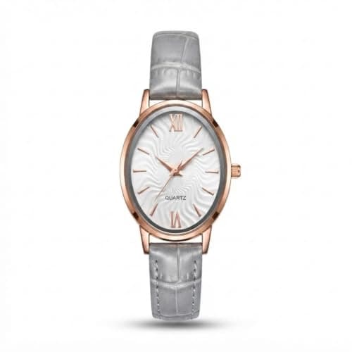 Women's Elegant Oval Watch with Comfortable Leather Strap, Precise Quartz Movement, Slim Fit for Daily and Formal Looks, Adds a Sophisticated Touch to Your Wrist (Grey)