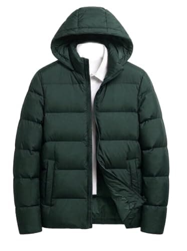 Waterproof Men's Hooded Puffer Jacket, Dark Green, Quilted Winter Coat | Zip-Up Closure, Quilted Insulation, Side Pockets, Cold Weather Wear, Relaxed Fit