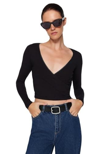 Trendyol Womens Schwarz Deep Double Breasted Collar Lace Detailliert Long Sleeve Crop Cotton Stretchy Knitted Blouse Twoaw24bz00291 Blouse (pack of 1)