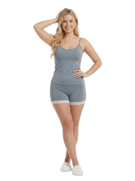 Women's Cami and Shorts Pyjama Set, Grey with Lace Trim | Spaghetti Straps, Lace Hem Detail, Lounge Wear, Matching Set, Soft Stretch Fabric Pajamas