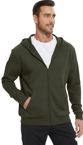 Men's Full-Zip Hoodie Sweatshirt, Olive Green, Long Sleeve, Kangaroo Pockets, Casual Style