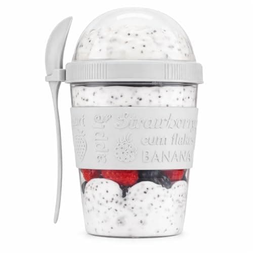 Yogurt Cup Set With Lid And Spoon Reusable BPA Free Food Container 600 Ml Breakfast Pots For Overnight Oats Cereal Fruit Portable Lunch Storage Containers Made In Turkey (Light Grey)