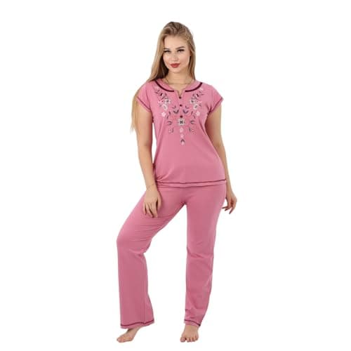 ZECOTEX Women's Summer Cotton Pajama Set with Elegant Embroidery | Short Sleeve Breathable Sleepwear & Home Loungewear | Sizes S-3XL
