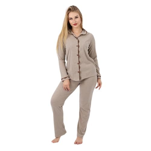 ZECOTEX Women's Classic Ribbed Cotton Pajama Set | Long Sleeve Button-Up Top with Full Length Pants | Soft Breathable Loungewear | Sizes S-3XL