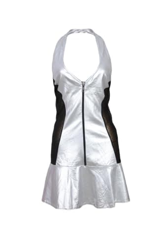 Silver Halter Collar Short Dress with Black Lace and Zip Front