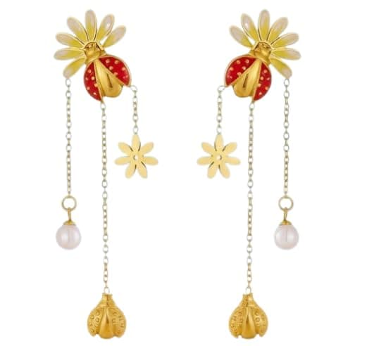 Stainless Steel Ladybug Earrings with Elegant Pearl Detail Jewelry