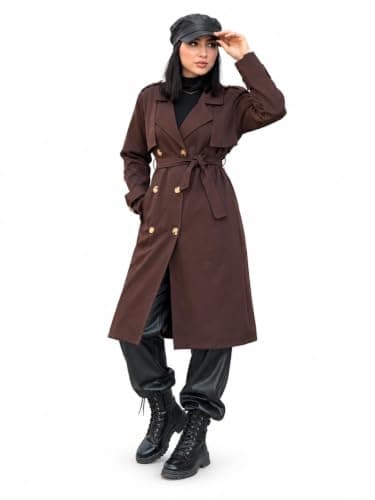 Women's Brown Double Button Trench Coat with Belt | Brown, adjustable strap