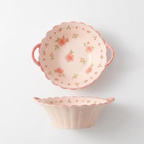 Round Ceramic Serving Bowl with Floral Side Handles – Deep Serving Plate for Appetizers, Desserts, Salads – Suitable for Oven, Dining, 1