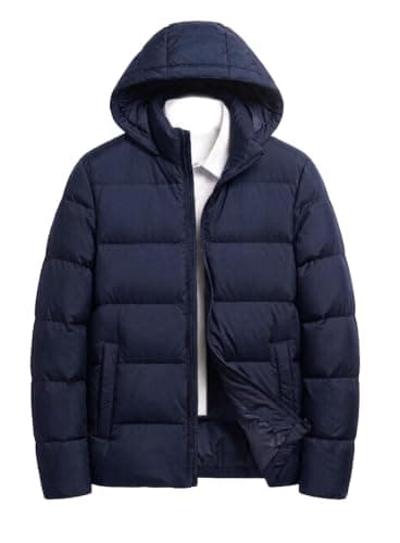 Waterproof Men's Hooded Puffer Jacket, Navy Blue, Quilted Winter Coat | Zip-Up Closure, Side Pockets, Padded Insulation, Cold Weather Wear, Relaxed Fit