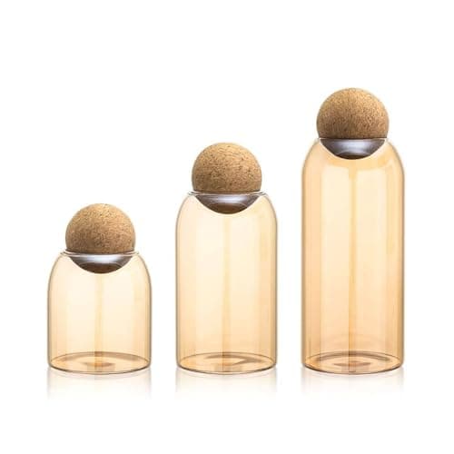 Generic Glass Storage Jar Set with Cork Ball Lid, Honey Amber, Small 500ml, Medium 800ml, Large 1000ml, Set of 3, .sew Food storage container