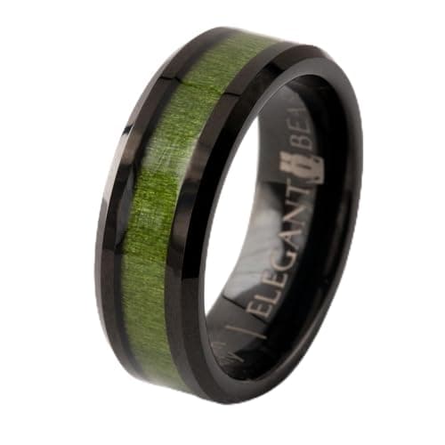 Black Tungsten Carbide Ring inlaid with green Elder Box wood A116