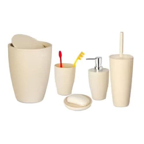 Pure Plastic Bathroom Accessory Set, Consist of 5 Pieces(Basket 7.5 Liter, Soap Dispenser, Soap Holder, Toilet Brush, Toothbrush Holder) (Beige) Bathroom container set