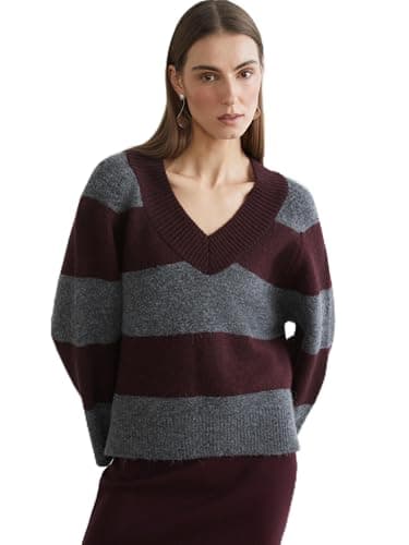 LC WAIKIKI Woman V Neck Striped Oversize Women's Knitwear Sweater