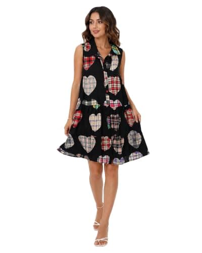 Cut Tall Chemise Women's Sleeveless Dress, Black, Heart-Print and Artistic Print, Sizes M-XL, Relaxed Flowy Fit, Classic Shirt Collar, Full Front Button Closure