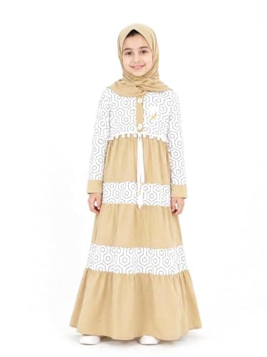 Girls ISDAL Geometric Print, Tiered Maxi, Long Sleeve, Modest Islamic Wear - Beige Dress