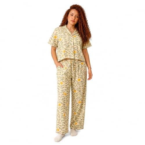 ZECOTEX Women’s Cotton Pajama Set | Classic Printed Short Sleeve Shirt & Wide Leg Pants | Soft Breathable Loungewear Sleepwear | Chic Relaxed Fit, S–2XL | Made in Egypt
