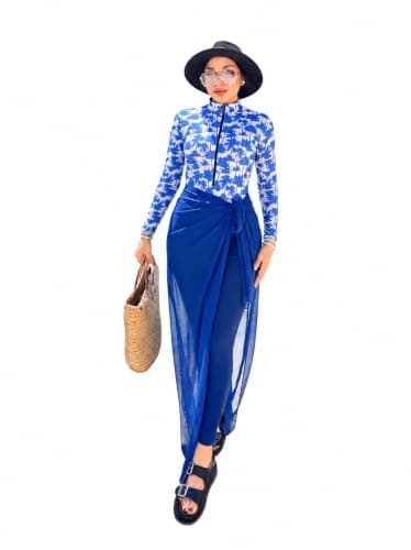 Women's Modest Burkini Swimsuit 5-Piece Set – Palm Print Zip Rash Guard Top, Leggings, Skirt, Long Chiffon Sarong & Swim Cap From La Vie Model LV-BRK-3000