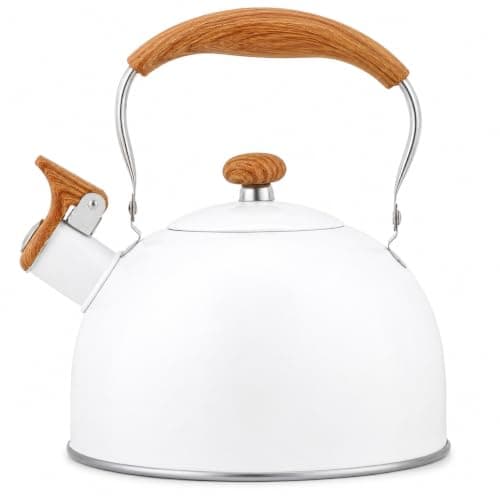 Whistle Water Kettle 2.5L - High Quality Metal Water Boiling Jug with Wooden Handle Heat Insulation - Suitable for All Stove Types, White