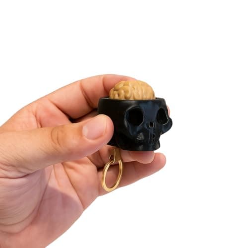 SkullSnap Brainy Skull Keyring, Black Skull Design with Brain Detail, Tactile Click Feature Keychain