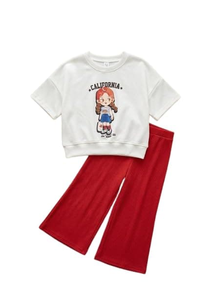 Billion Girls Graphic Short-Sleeve Sweatshirt & Ribbed Wide-Leg Pants Set – Summer 2-Piece Outfit SG26-608 Coordinated outfit