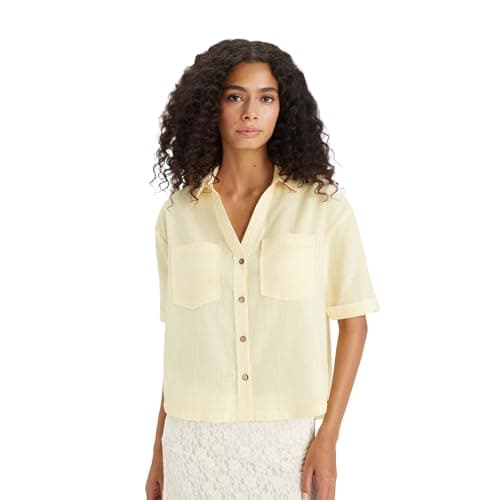 DeFacto Womens Casual Woven Top Regular Fit Shirt Neck Short Sleeve Short Sleeve Shirt E2776AX Modern