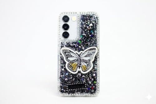 Butterfly Crystal For (Samsung S22) Protective Case Glittery Back Cover Rhinestone Frame For Girls Shockproof Protection For Girls (Black) Cellular phone case