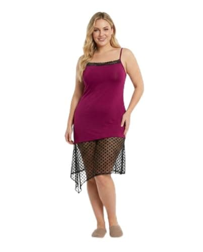 Women's Plus Size Chemise Nightdress with Lace Trim, Berry | Spaghetti Straps, Sheer Lace Hem, Asymmetric Handkerchief, Sleepwear, Polka Dot Mesh Nightgown nightshirt