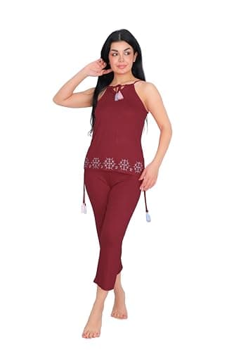 Women Viscose Printed Decorative Suspenders Pajama Set with Tassels