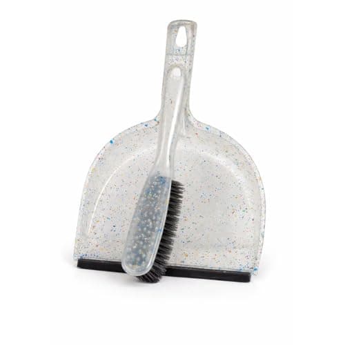 Heavy-Duty Plastic Dustpan and Brush Set with Rubber Edge – Lightweight Ergonomic Cleaning Broom Set for Home, Kitchen & Office, Transparent Multi-Color Speckled.