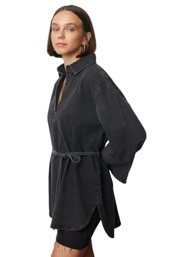 Trendyol Womens Oversize Anthracite Denim Shirt - Tied, Twoaw25Go00082 Shirt (pack of 1)
