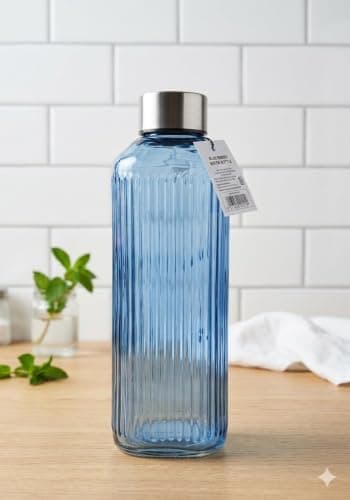 Generic Blue Ribbed Glass Water Bottle, Square Design, 1-Litre, .kI
