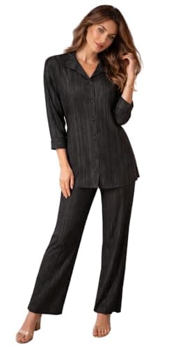 Women's Pleated Pleated Reception and Exit Pajama Set Shirt and Pants Black Button Down Sleeve