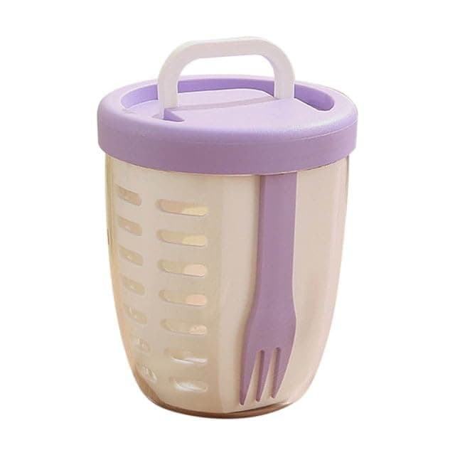 Fruit and Salad Storage Cup with Inner Strainer Lid Fork and Handle