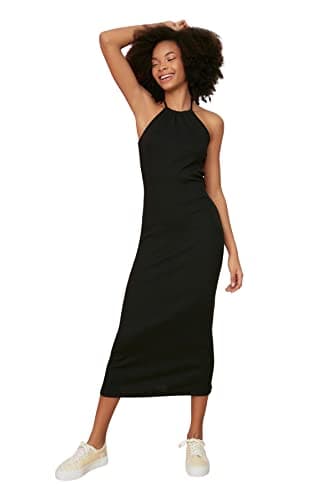 Trendyol Women Black Halter Neck Fitted Ribbed Stretchy Midi Knitted Pencil Dress TWOSS22EL1220 Dress
