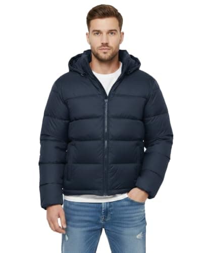 Men's Hooded Puffer Jacket, Navy Blue, Quilted Winter Coat with Zip Closure