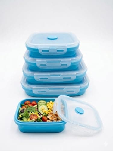 Generic Square Foldable Silicone Storage Container Set, 4 pieces, light blue color, space-saving lightweight design, airtight seal keeps food fresh longer, safe and easy-to-clean material.