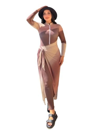 Women's Modest Burkini Swimsuit 5-Piece Set – Earthy Ombre Front Zip Rash Guard Top, Leggings, Skirt, Maxi Chiffon Sarong & Swim Cap From La Vie Model LV-BRK-229