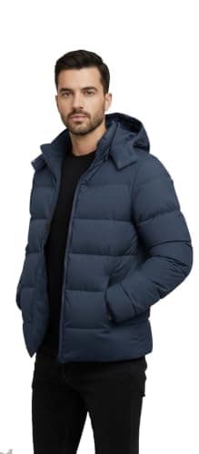 Men's Hooded Puffer Jacket, Navy Blue, Quilted Winter Coat, Zip-Up, Warm Outerwear