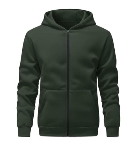 Men's Full-Zip Hoodie Sweatshirt, Army Green, Long Sleeve, Kangaroo Pocket, Casual Style
