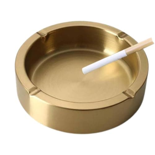 Luxury Stainless Steel Round Metal Ashtray for Cigarette Cigar - Portable Home Office Patio Tabletop Countertop Ash Tray - Durable Fancy Outside Décor Hotel Restaurant (Gold)
