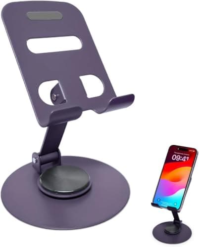 Phone Stand, Adjustable 360° Rotating Foldable Metal Desk Holder with Secure Grip, Portable Universal Mobile Stand for Smartphones and Tablets, S-355 (Purple)